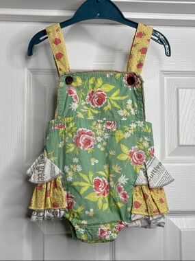 Mustard Pie Floral Ruffle Overalls - Green & Yellow